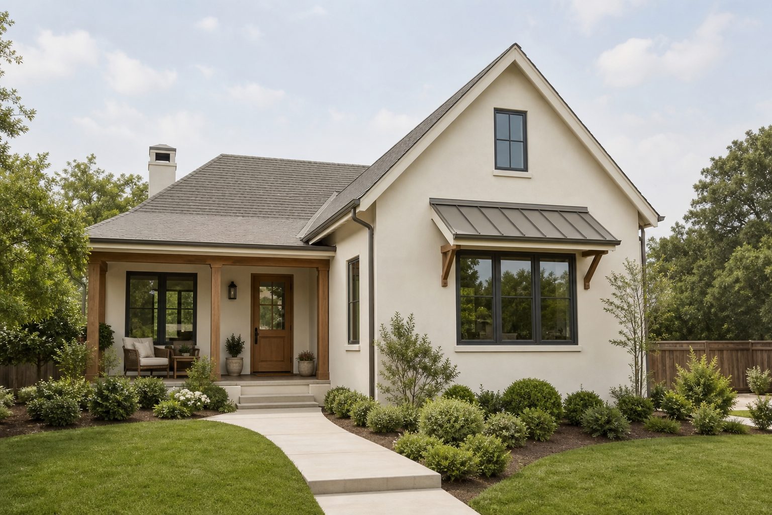A calm, tidy, well-kept exterior of the kind of property a plumbing business serves -- shown wide and eye-level, the whole property with its yard or entrance visible, not a close-up detail, no people